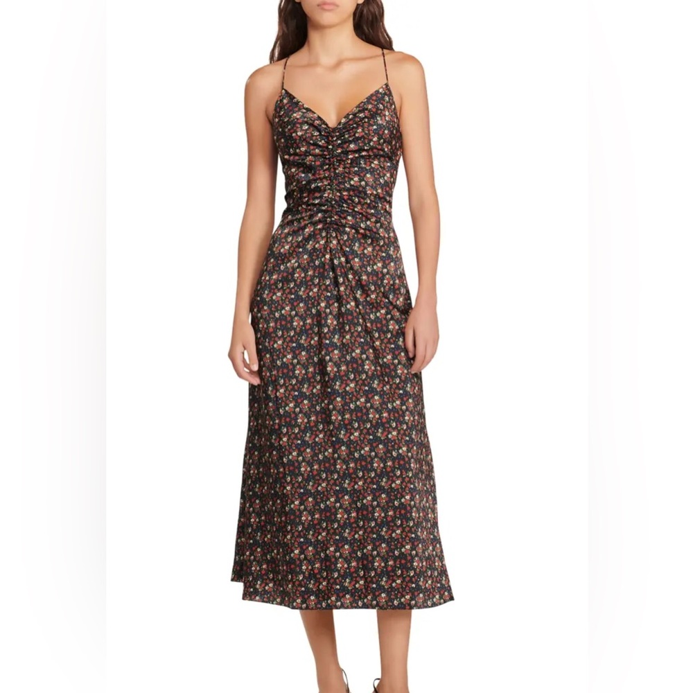 Sandro Emanuela Ditsy Midi Dress Black Red Floral Open Back NEW